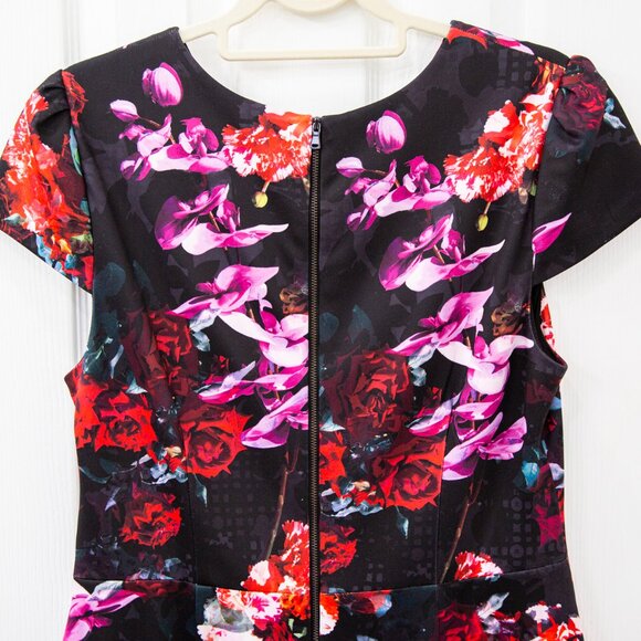 Betsey Johnson Black Floral Print Scuba Sheath Midi Dress, size 12 - Picture 5 of 10